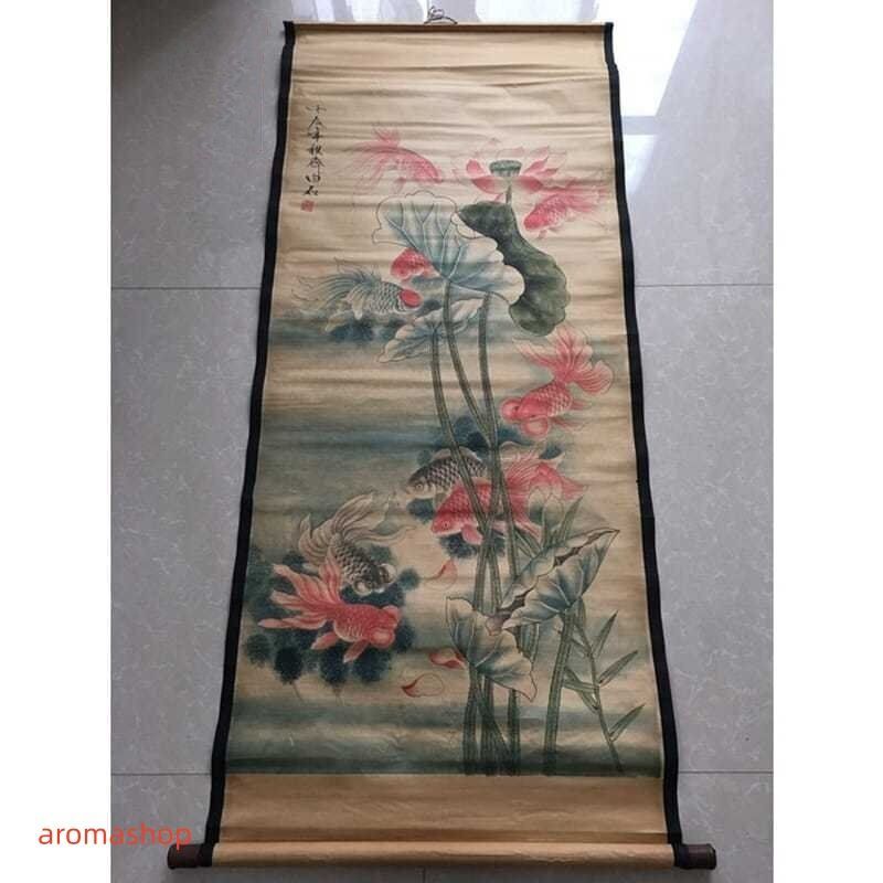 中国美術 書道 中国有名人 斉白石 蓮 鯉 美術品 リビング 掛軸