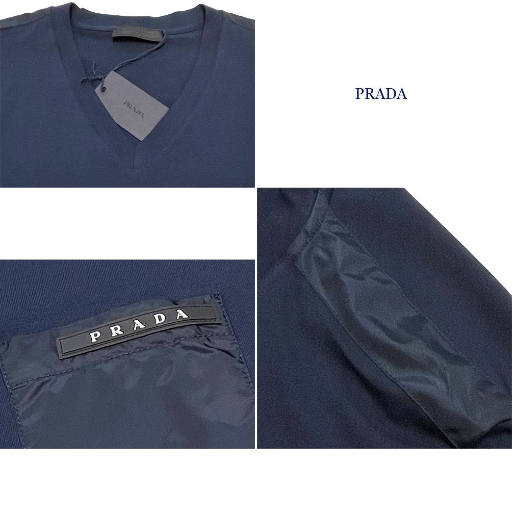 新品プラダPRADAメンズ異素材mix VネックTシャツ ネイビー#L#XXL