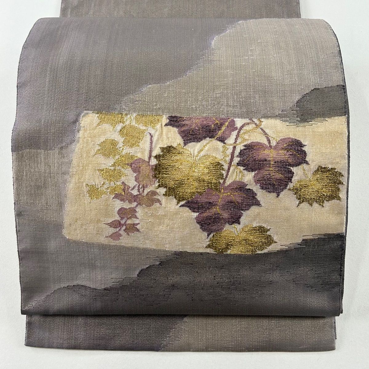 刺繍 袋帯 お太鼓柄 金糸 正絹 袋帯 美品 逸品 落款あり 帝王紫 格子 金糸 茶色 お太鼓柄 正絹