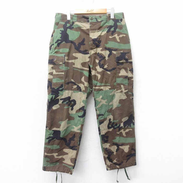 W34/古着 ミリタリー カーゴ パンツ メンズ 00s コンバット リップストップ ウッドランドカモ 緑他 グリーン 迷彩 25mar13 中古 ボトムス 