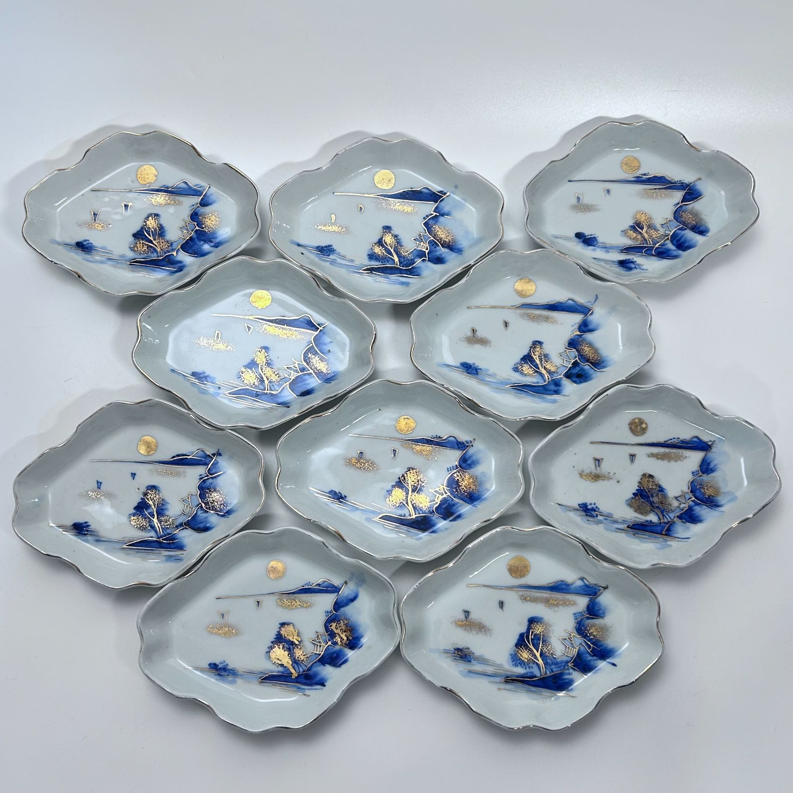伊万里焼 菱形小皿10客 山水画と満月 金彩 ビンテージ 銘有 KS-001