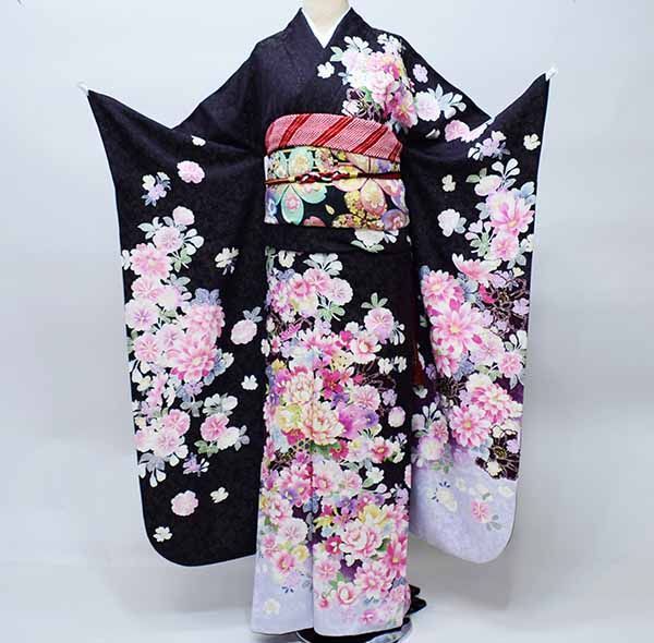 振袖 正絹 着物 単品 仕立て上がり 百花繚乱 ラメ 黒に近い紫色 成人式 