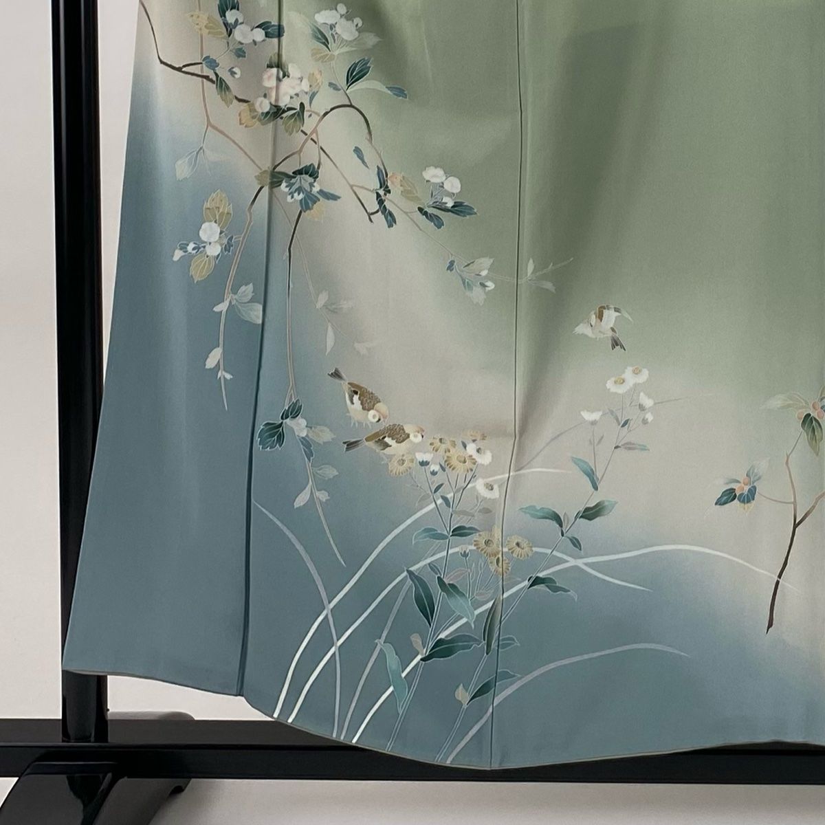 訪問着 身丈154.5cm 裄丈63cm S 袷 落款 枝花 鳥 染め分け ぼかし 灰緑 正絹 秀品