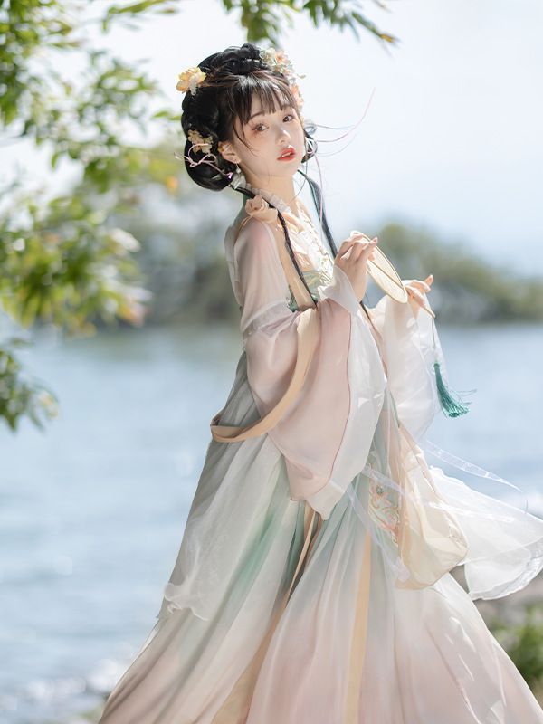 韓服妖精スタイルトップロングスカートショールロングリボンx2コスプレスーツ刺繍シフォングラデーションプリント