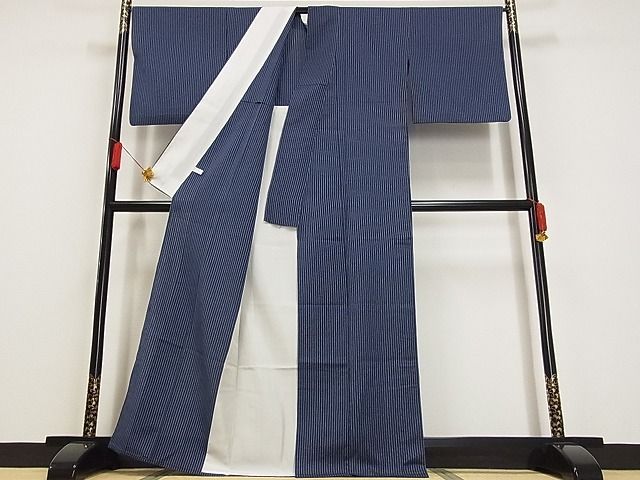 平和屋-こころ店■お召　単衣　縞　着丈165.5cm　裄丈70.5cm　正絹　逸品　mop4358