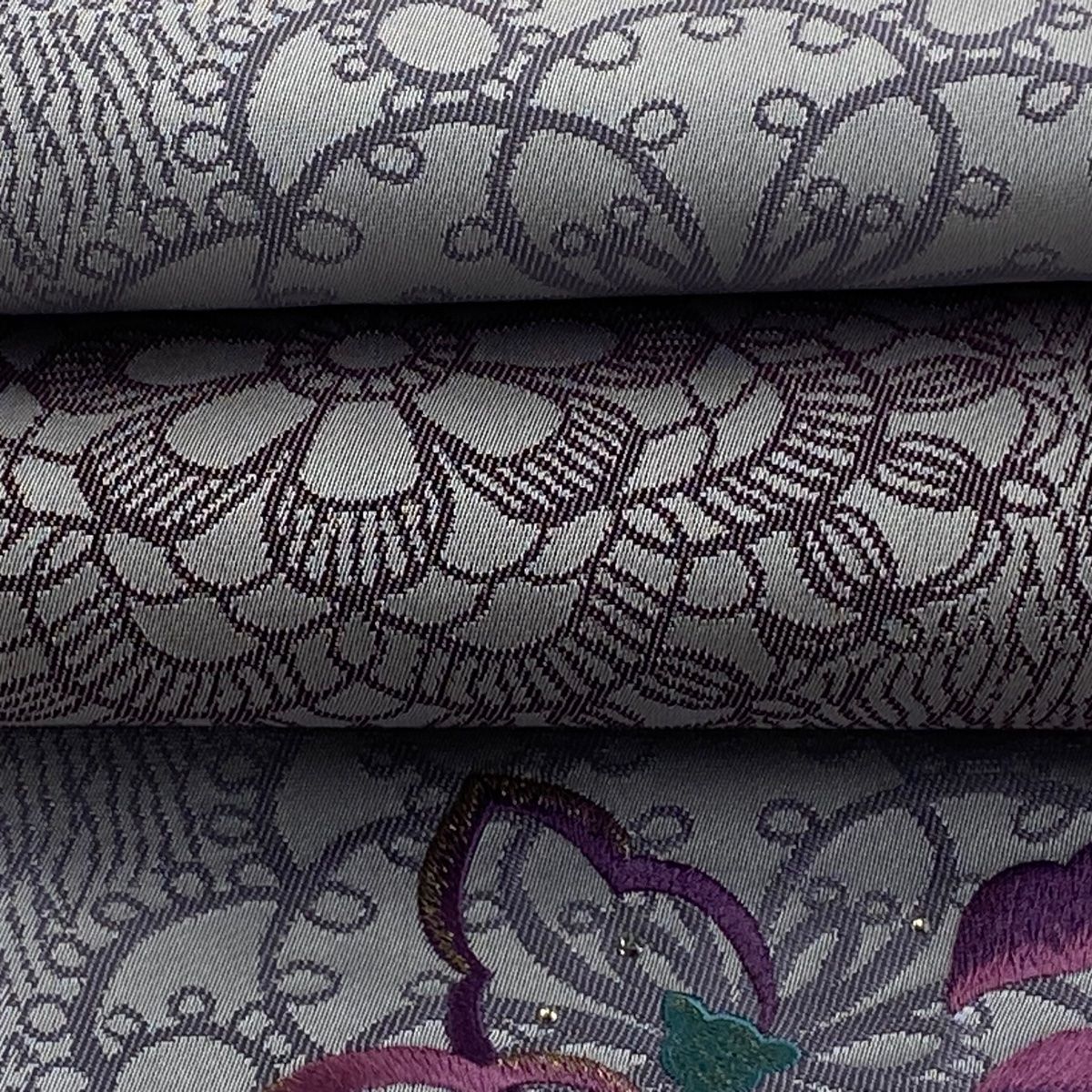 半幅帯 名品 想屋 華文 猫 金糸 刺繍 灰紫 正絹 WWW_MORNINGWALKER_COM