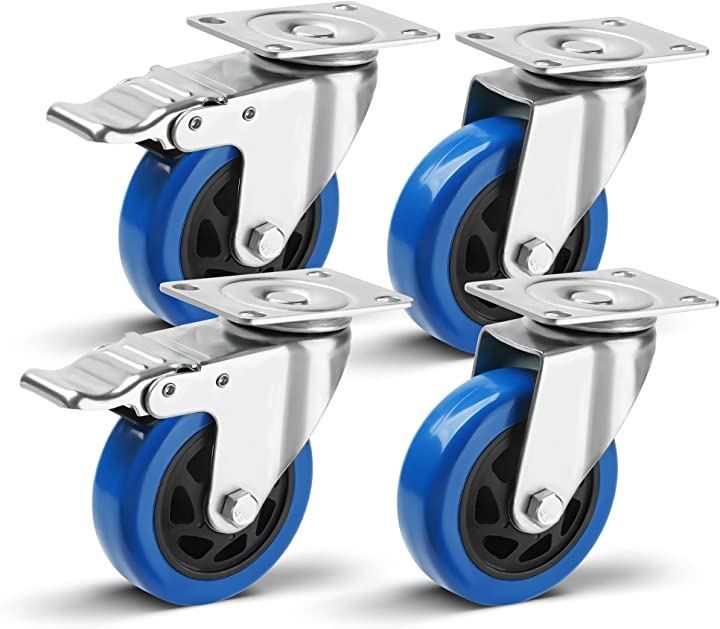 WISD 4インチ家具用キャスター車輪 ブレーキ付き 高耐久性 4個耐荷重400kg 360度回転 屋内外用小型回転キャスタ Φ100mm 青( 青)