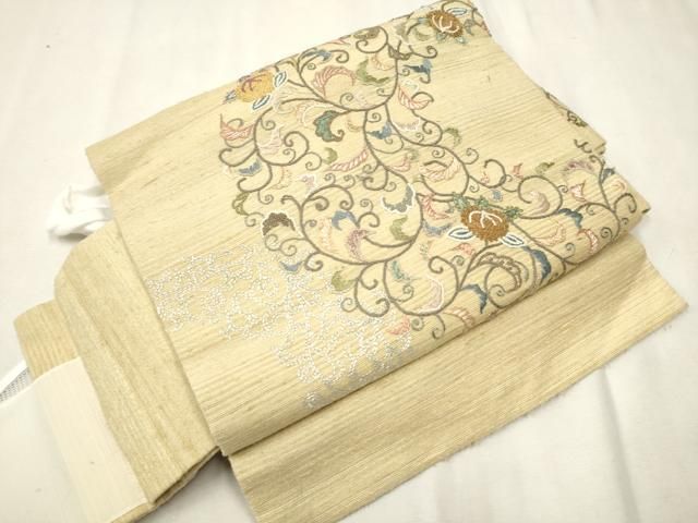 平和屋着物 中国三大刺繍 相良刺繍 総刺繍 ワンタッチつけ帯 紬地 花唐草文 浅黄色 金糸 正絹 CAAX1548hy