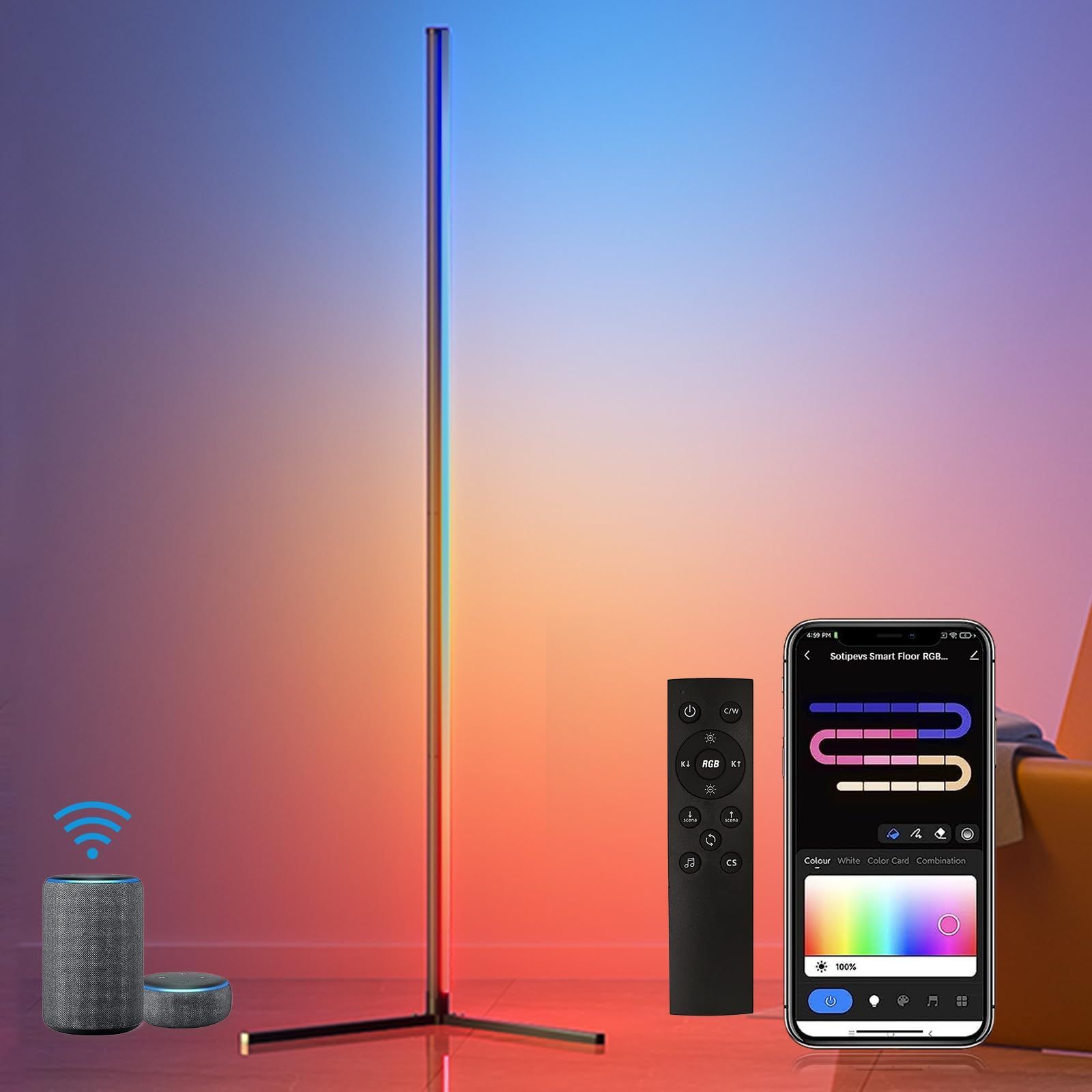 RGB フロアランプ 間接照明 Alexa対応 高さ155cm フロアライト 1600万色 LEDランプ コーナーライト 調光 調色 スマートホーム 日本語取扱書 フロアスタンド ランプ 寝室|リビング|遊戯室など適応
