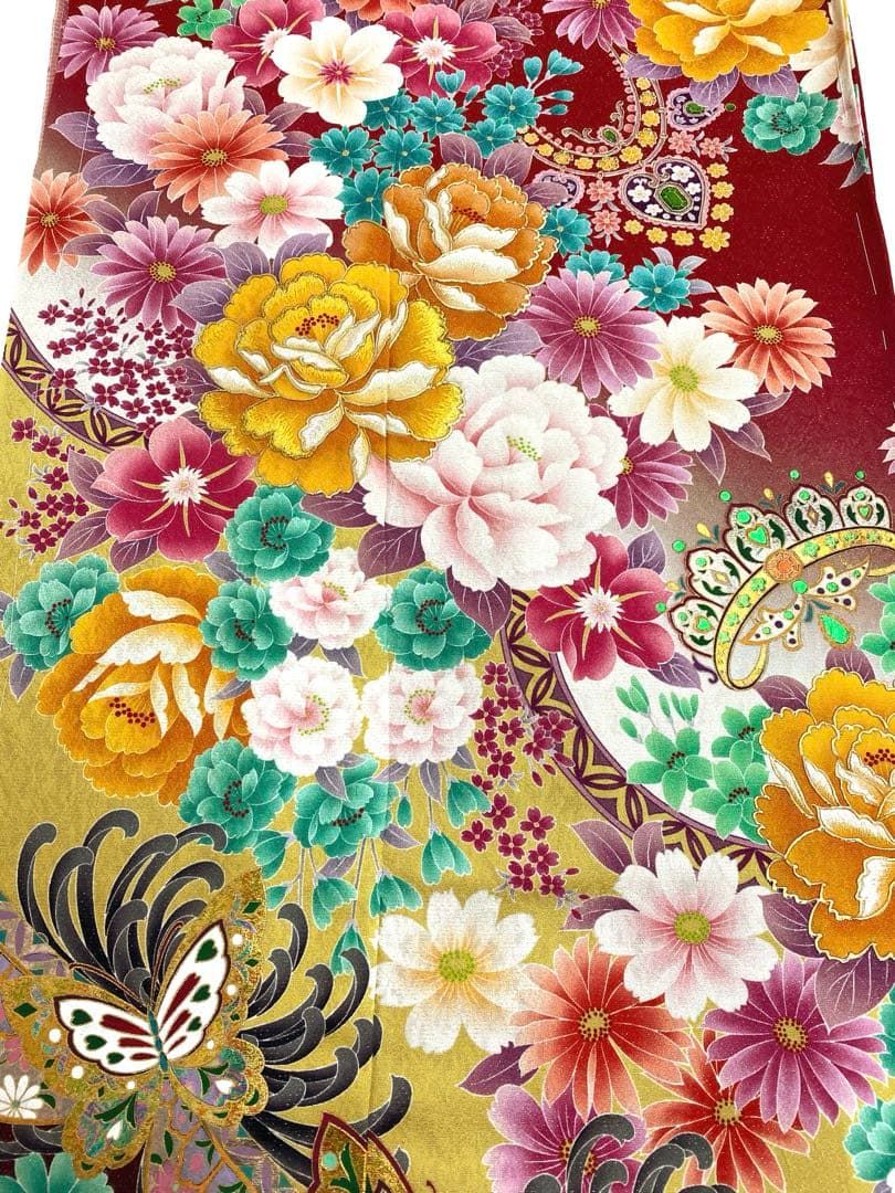 振袖 仮絵羽 舞台衣装 京友禅 銀通し 刺繍 金彩 正絹 未仕立て品 八掛 