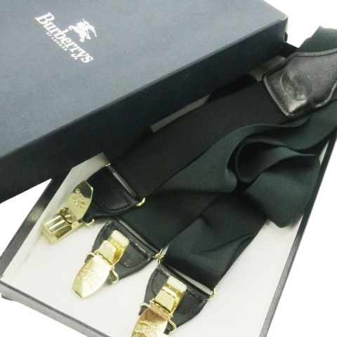 バーバリーズ Burberrys サスペンダー ナイロン レザー 革 ロゴ型押し 刻印 ゴールド金具 緑 グリーン CK26 GY17