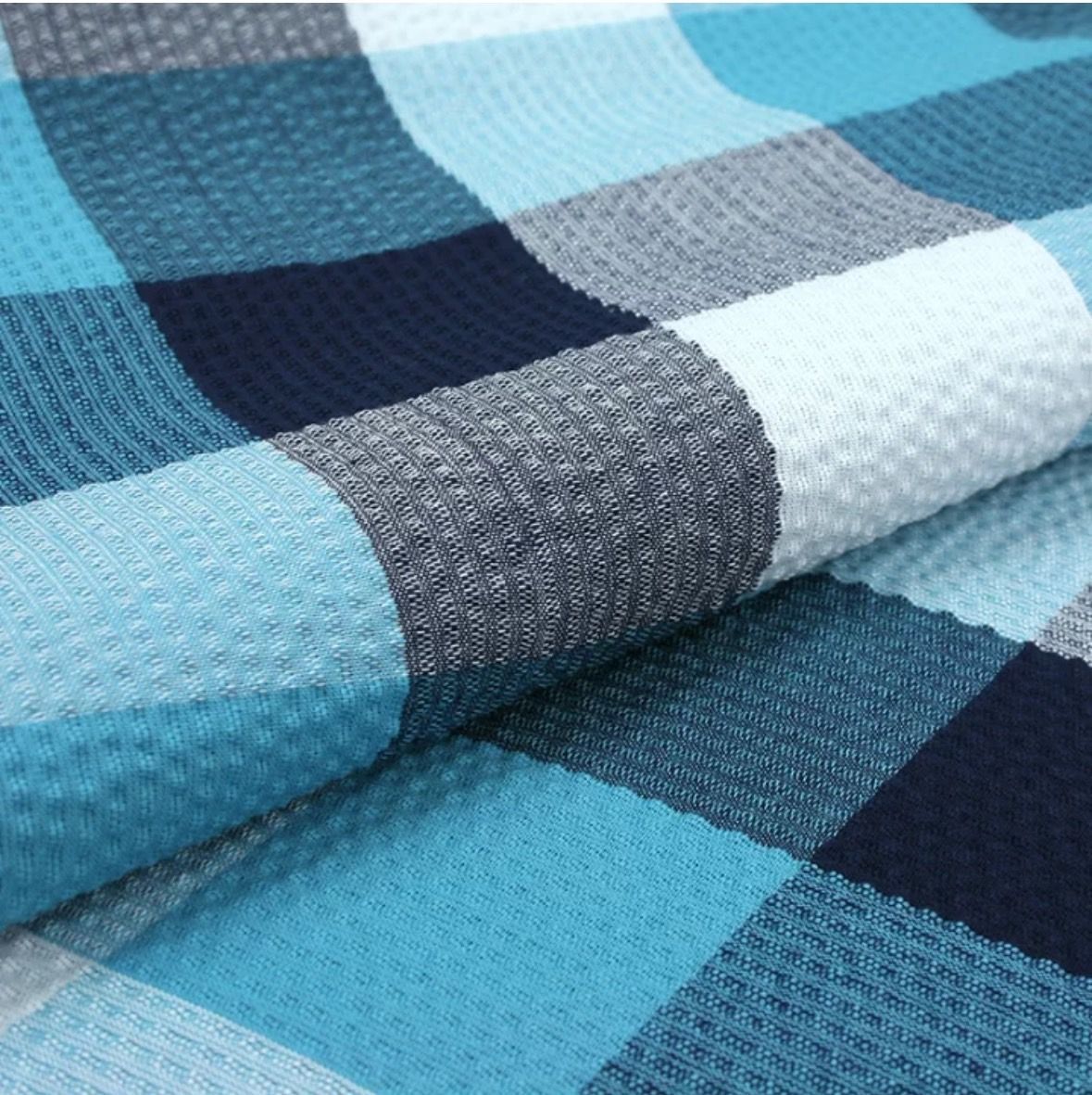 阿波しじら織り 木綿着物 お仕立て上がり 紺白浅葱色の大格子 No.H 33