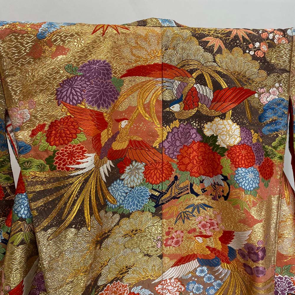 色打掛 正絹 鶴 刺繍 赤 金 打掛 Mサイズ 裄66.5 花嫁衣裳 婚礼  