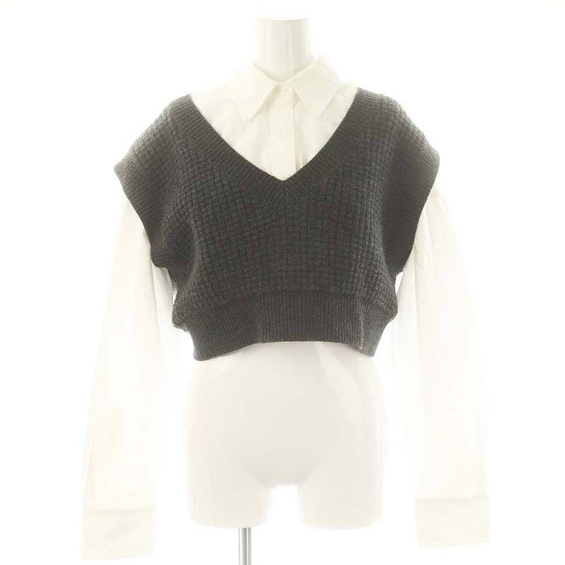 ティーバイアレキサンダーワン T by Alexanderwang ニットベストレイヤーシャツ 長袖 クロップド XS オフホワイト ダークグレー |DO OS