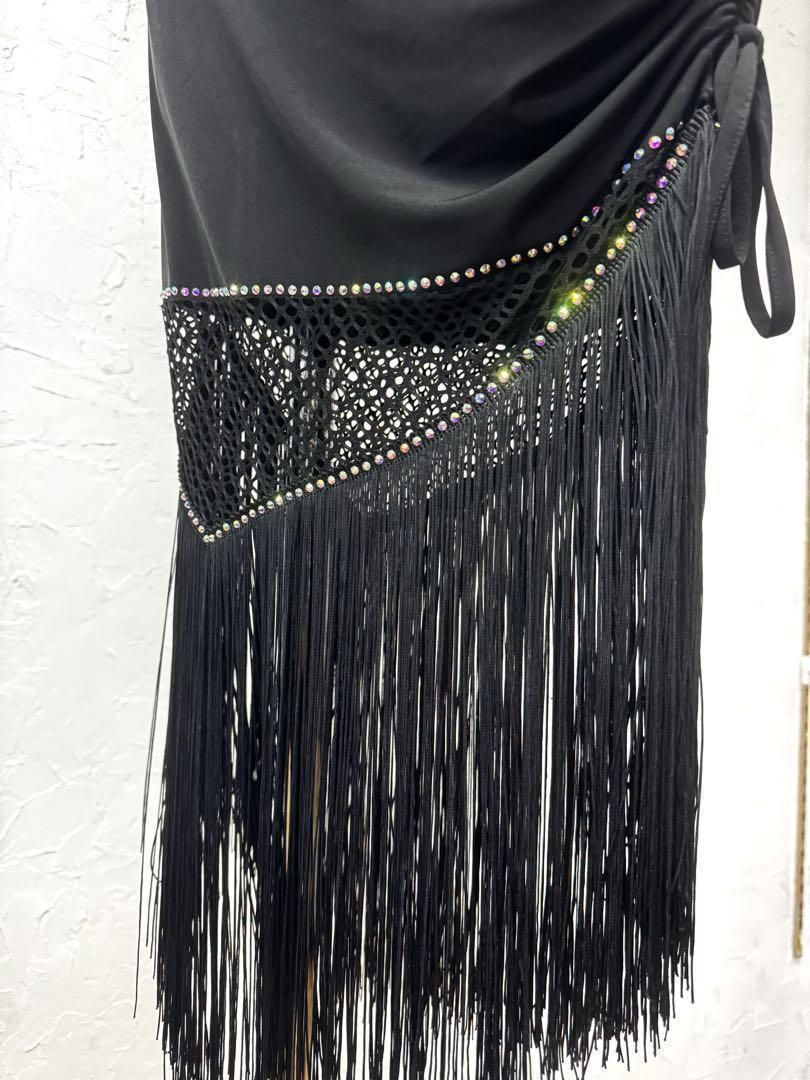 【ラテン】新品ラインストーン　 フリンジ付き社交ダンススカート　黒ｒ280 ラテン】新品ラインストーン フリンジ付き社交ダンススカート 黒r280