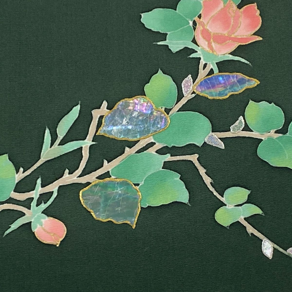 名古屋帯 秀品 枝花 螺鈿 箔 深緑 正絹