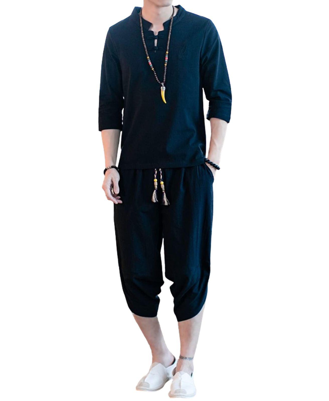 [Kstyle App] 甚平 メンズ 黒色 M 半袖 作務衣 浴衣 麻 亜麻 リネン 男性用 夏祭り 花火 大会 しじら織り 大きいサイズ セットアップ 刺繍 (ブラック， M) [ブラック] [M]