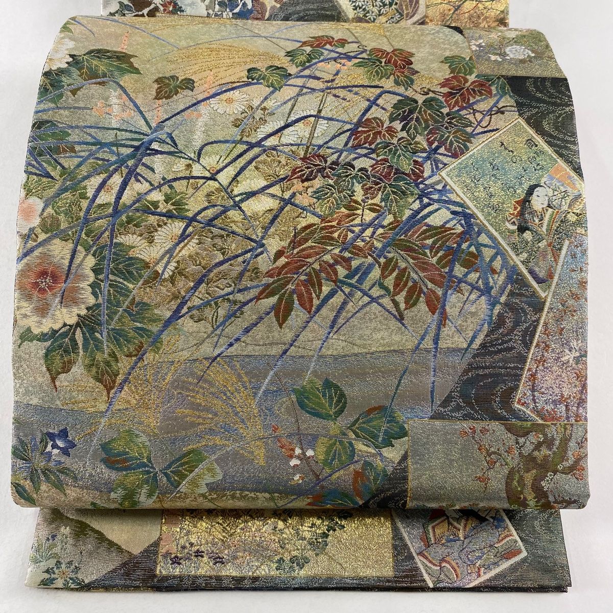丸帯 名品 日本絵画全集 草花 色紙 箔 金糸 薄緑 お太鼓柄 正絹