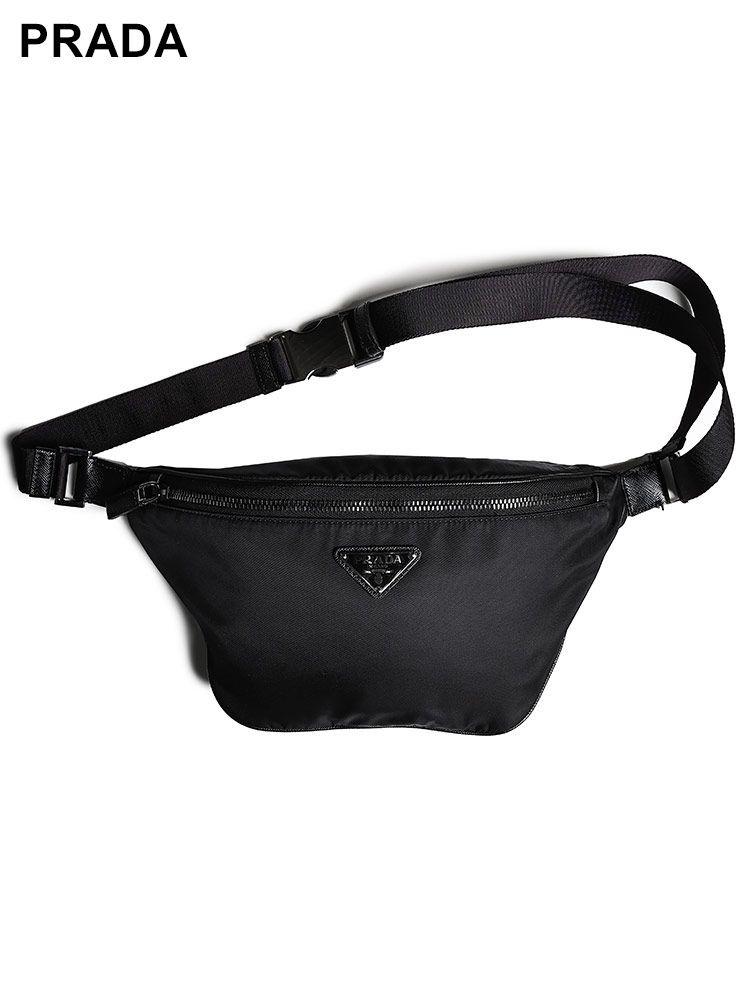 PRADA (プラダ) ナイロン フロントメタル ロゴ入りストラップ ベルトバッグ メンズ (ブラック)