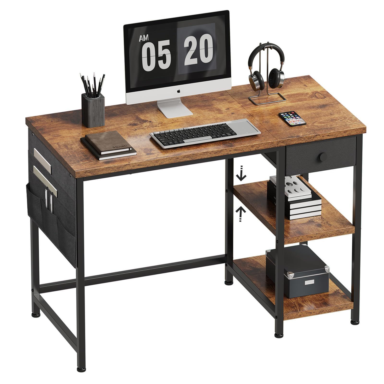 YeTom デスク 机 pcデスク パソコンデスク 幅100cm desk 布製引き出し付き つくえ ラック付き ワーク オフィス 収納ラック 収納袋付き 勉強机 学習机 左右入替可 テレワーク 在宅勤務 ビンテージ