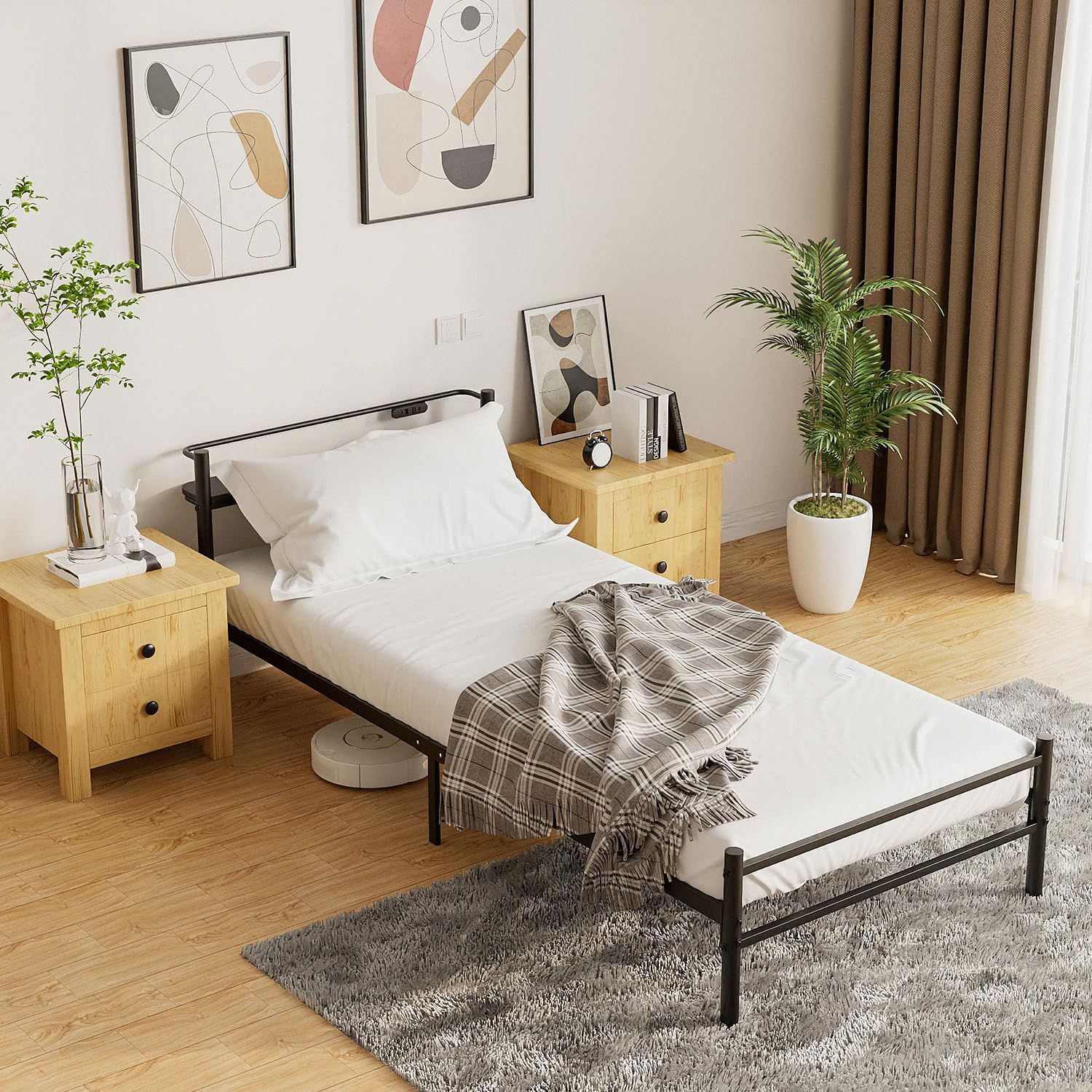 Alebert アレベルト ベッドフレーム パイプベッド収納棚付き ベッド コンセント付き スチールベッド 収納 防錆 頑丈 安定性 耐久性 組み立て簡単 ブラック シングル