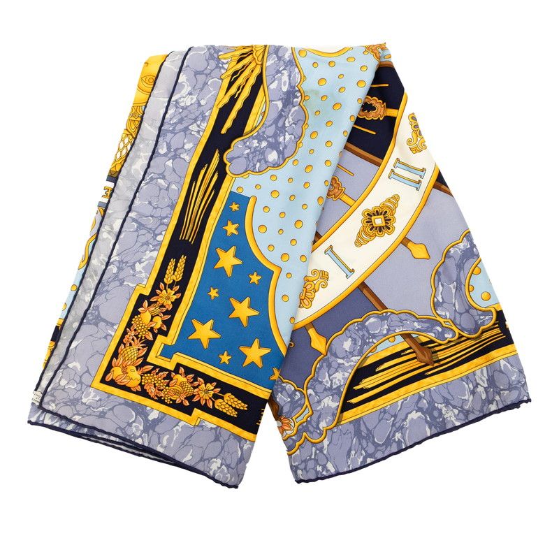 エルメス カレ90 CARPE DIEM 今日一日を楽しむ ブルー ゴールド マルチカラー シルク レディース HERMES 1-0231490