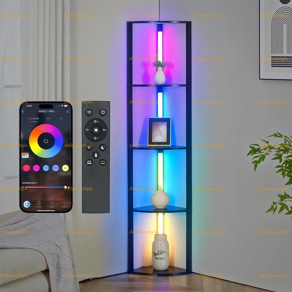 人気推薦◆コーナーシェルフ フロアランプ リビングルーム用 調光機能付き LEDキュリオキャビネット スタンディングランプ ディスプレイシェルフ付き 背の高いフロアランプ 頑丈なコーナーディスプレイキャビネット - ファンシーエッジ