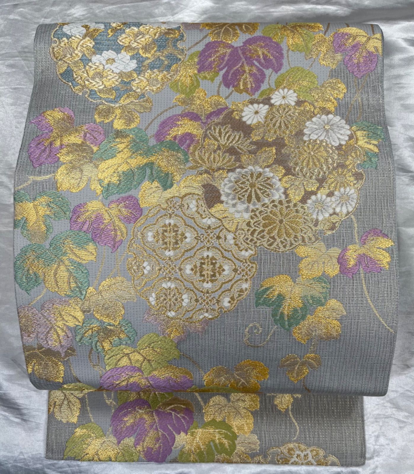 豪華絢爛綺麗Gライトブルーグレー黄金繭ぶどう正絹六通袋帯(未使用