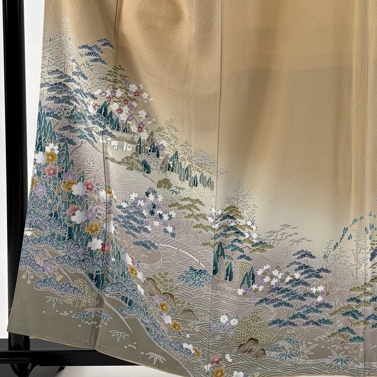 色留袖 身丈160cm 裄丈63cm S 袷 風景 家屋 ぼかし 薄茶色 正絹 秀品 三つ紋