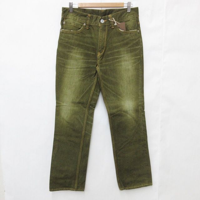 ランヘリ RANHERRI 尾州デニム BISHU DENIM パンツ カラーデニム ジーンズ ストレート ロング ビンテージ加工 綿 カーキ グリーン 緑 35 サンプル品