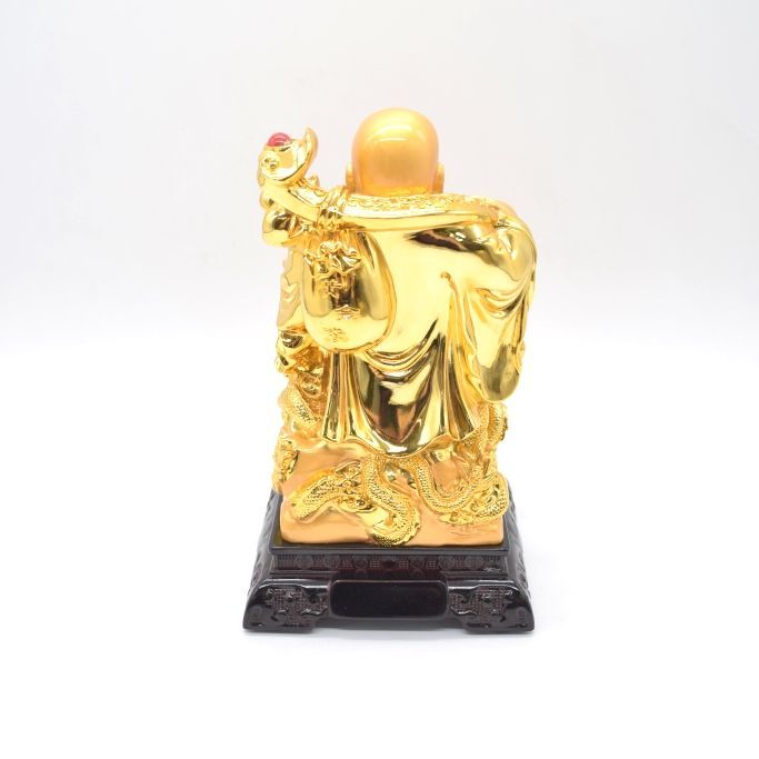 笑佛様 布袋 笑い仏 笑仏 龍 如意棒 台座付き 樹脂製置物 金色 25cm  