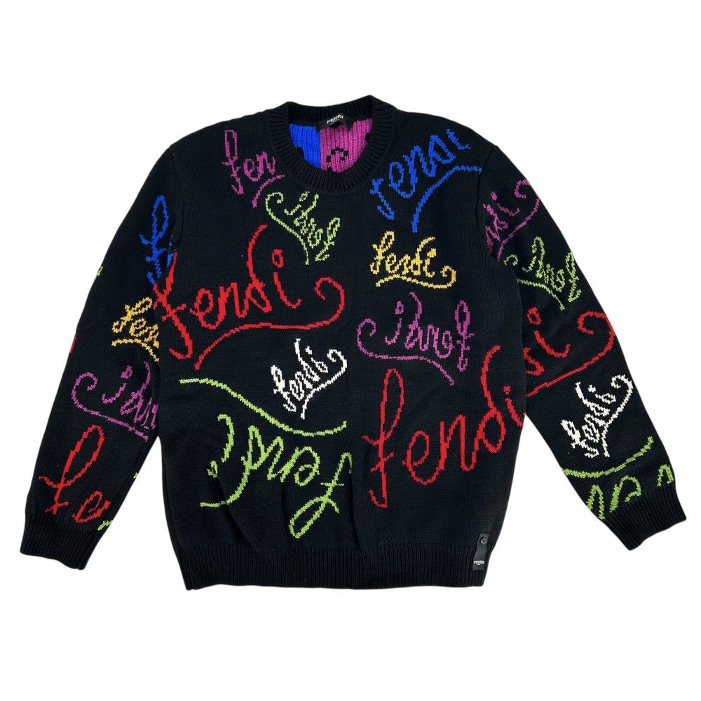 フェンディ ニット メンズ ARTIST ロゴ セーター 長袖 服 トップス アパレル FENDI 52 FZY463 ブラック 黒 マルチカラー ウール    秋 冬【中古品】