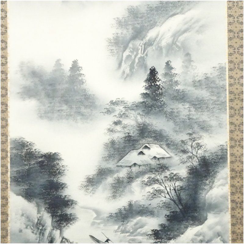 雲渓筆 水墨山水 肉筆絹本掛軸（共箱） 掛け軸 床の間 書