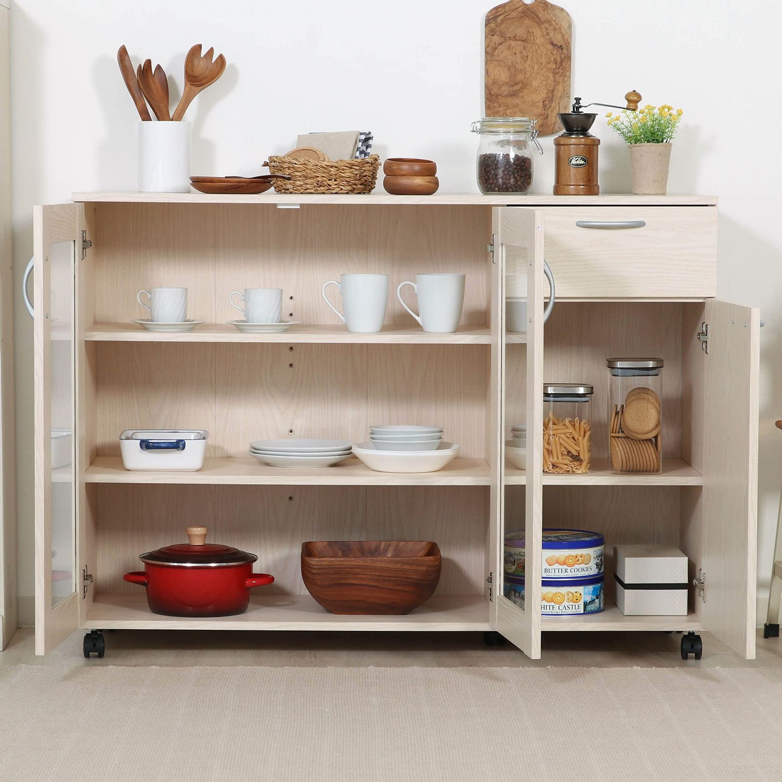 キャスター付き 木目調 オーク 幅115.2×奥行39.8×高さ84㎝ 86965 キッチン収納 食器棚 不二貿易 NEXPOTALLINN_EU