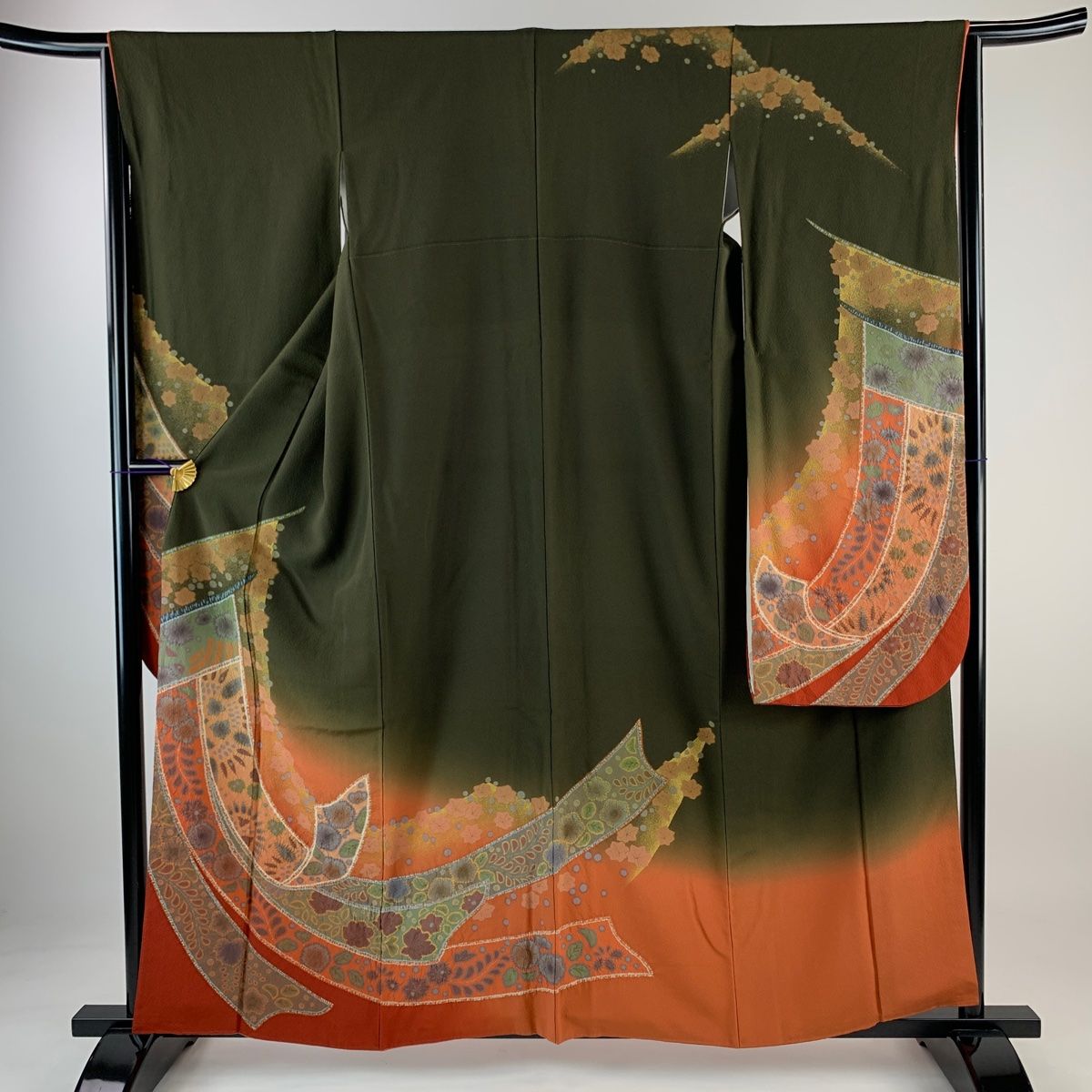 振袖 身丈159cm 裄丈63.5cm S 袷 几帳 草花 絞り 金彩 焦茶色 正絹 