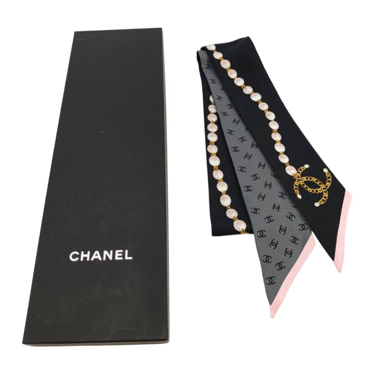 CHANEL シャネル シルク スカーフ パール アクセサリーモチーフ ブラック 管理番号 10252