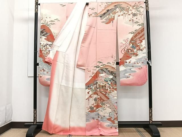 平和屋本店□極上 振袖 駒刺繍 貝桶吉祥花文 暈し染め