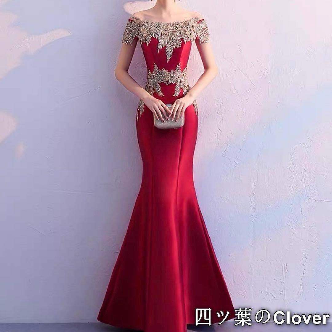 お花のデザインがゴージャスな長袖のオフショル ロングドレス お花の