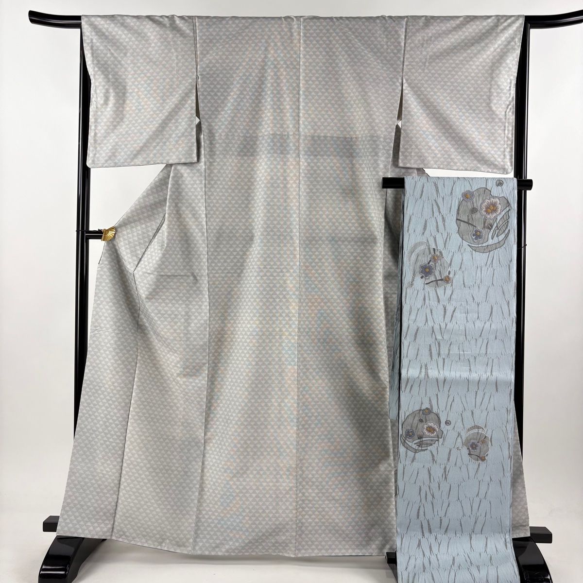 紬 身丈165cm 裄丈66cm M 袷 袋帯セット 鱗文 灰色 正絹 名品