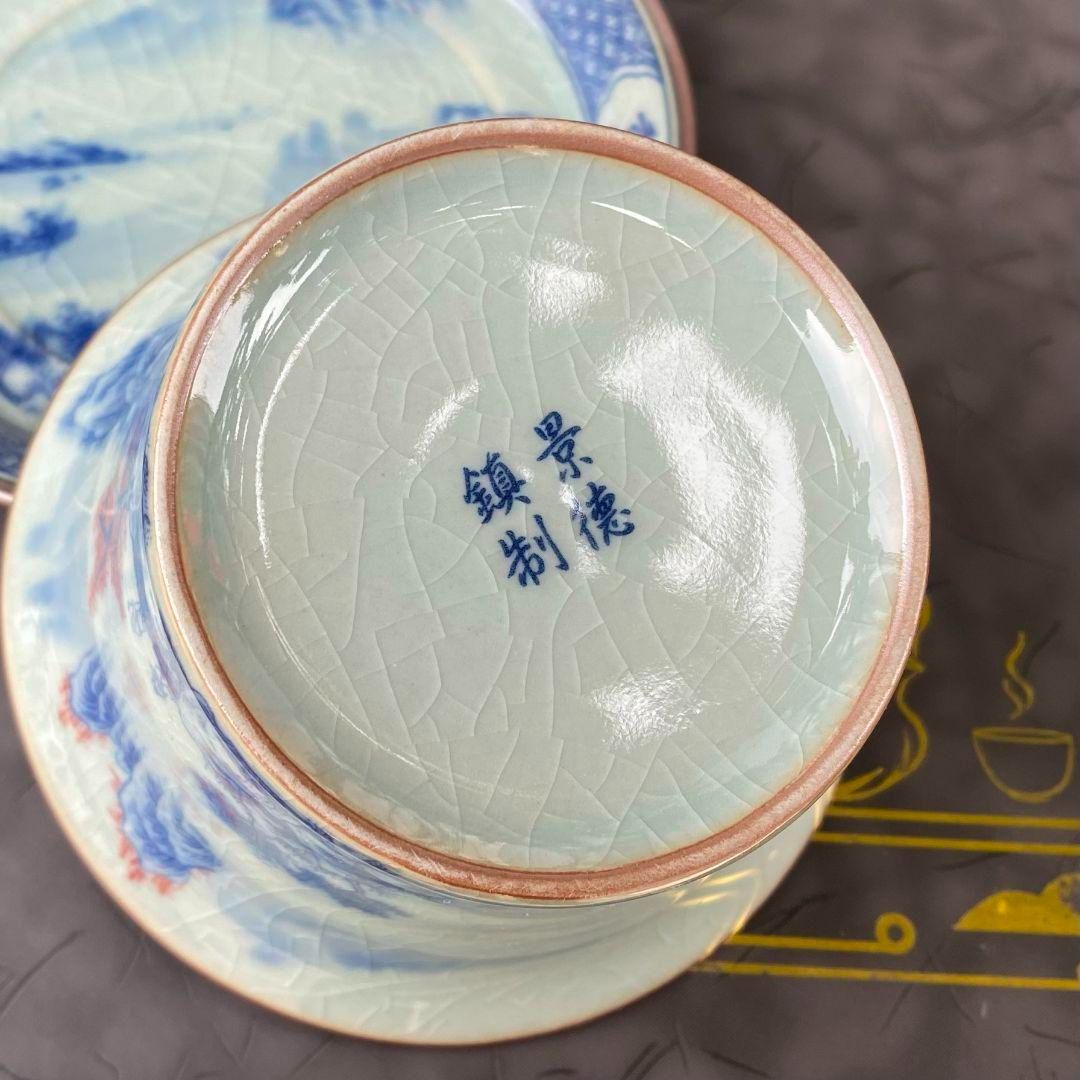 景徳鎮 青花山水馬蹄三才蓋碗 茶碗 煎茶器 中国茶器 新品未使用 景徳鎮 青花山水馬蹄三才蓋碗 茶碗 煎茶器 中国茶器 新品未使用