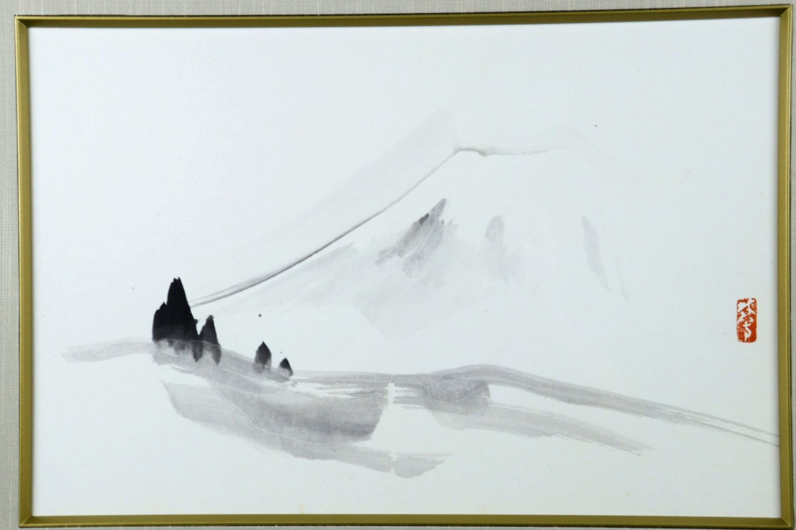 伊東深水 「甲府風景」 肉筆水墨画6号 伊東知則鑑定シール 山風景 唐物