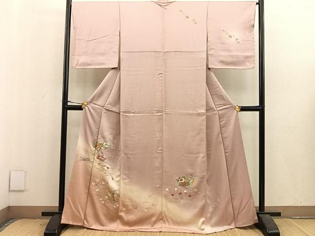 訪問着 扇に花模様 刺繍 金銀彩 暈し 丁子茶色 K-4562 訪問着 扇に花模様 刺繍 金銀彩 暈し 丁子茶色 K-4562