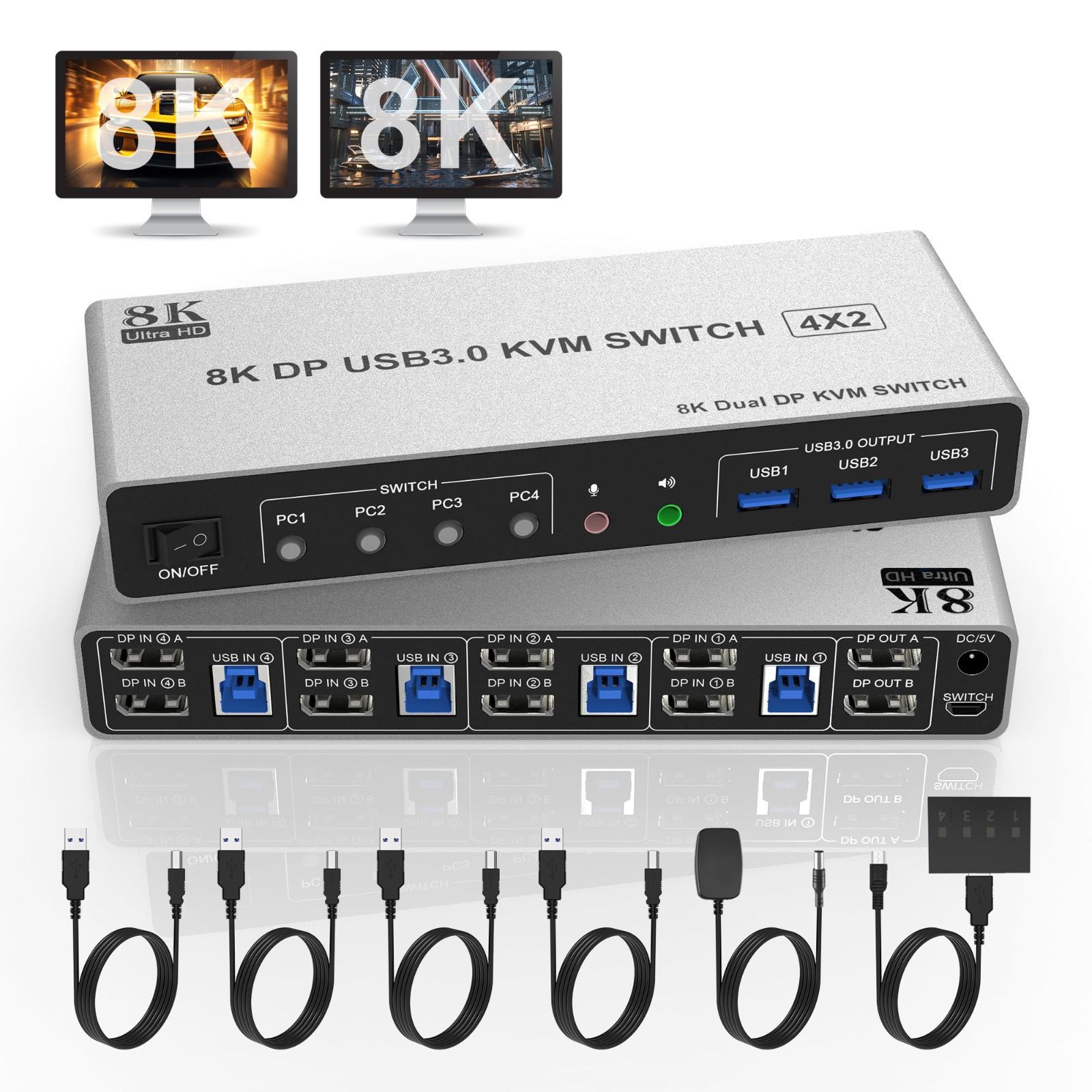 8K 4 PC 2 モニター (DP+DP) 8K@60Hz DisplayPort USB 3.0 デュアル
