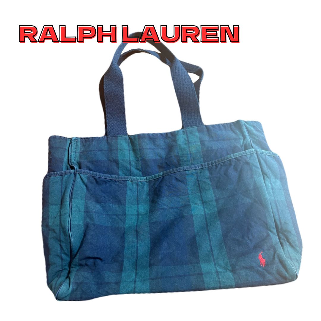 美品　RalphLauren タータンチェック柄 トートバッグ A4 グリーン ラルフローレン トートバッグ タータンチェック グリーン ワン