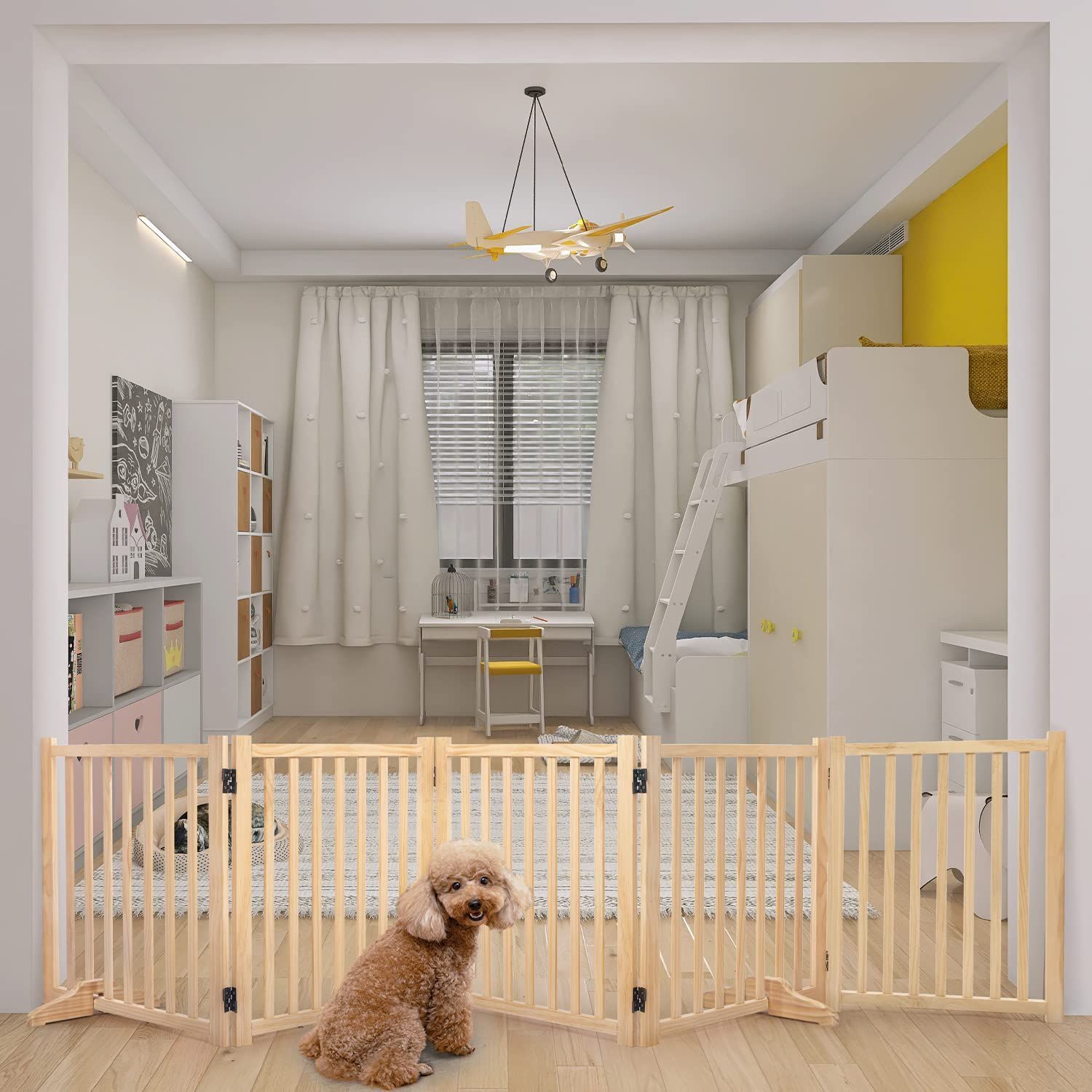 木製犬用ゲートペットフェンス 折り式バリア ペット用家具フェンス 安全柵 小型犬 中型犬 脱走防止 ガード 飛び出し防止 多頭飼い ペットガード 高さ43cm 長さ304cm 5つのパネル