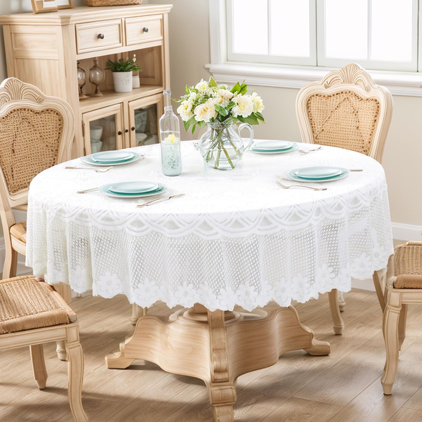 Size 直径200cm CAPASTEC レーステーブルクロス テーブルクロス 円形 毛糸梅花デザイン ポリエステル製 クリーム色 洗える おしゃれ ラウンドテーブルクロス ダイニング リビング インテリア 無地 1枚 直径200cm ベージュ