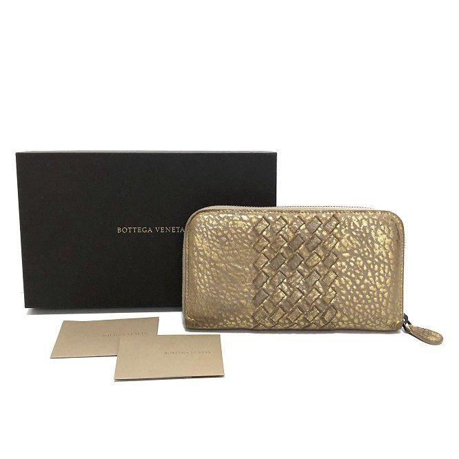 【美品 箱付き】ボッテガヴェネタ BOTTEGA VENETA 長財布/am-A-203-5334-7.9/イントレ/ラウンドジップ/レザー/ゴールド系/高級/正規品