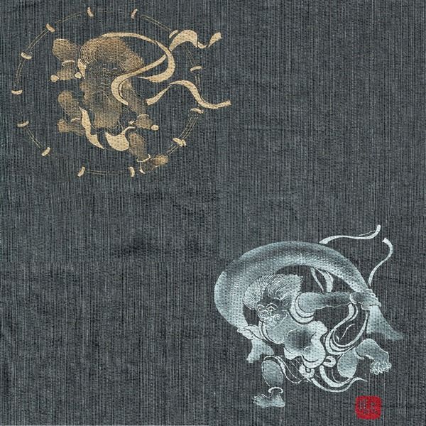 しじら織 甚平 ジンベイ キングサイズ 4L ブラック 風神雷神の手書き絵
