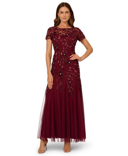 送料無料 アドリアナ パペル レディース ワンピース トップス Plus Size Floral-Beaded Gown MAHOGANY