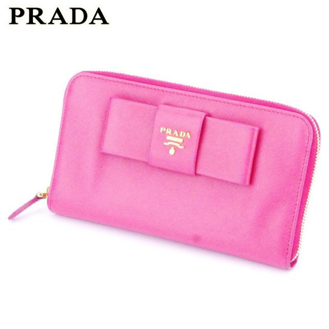 【良品】PRADA プラダ　長財布　リボン　ラウンドファスナー　ゴールドロゴ 良品☆プラダ 長財布 リボン ラウンドジップ ゴールドロゴ